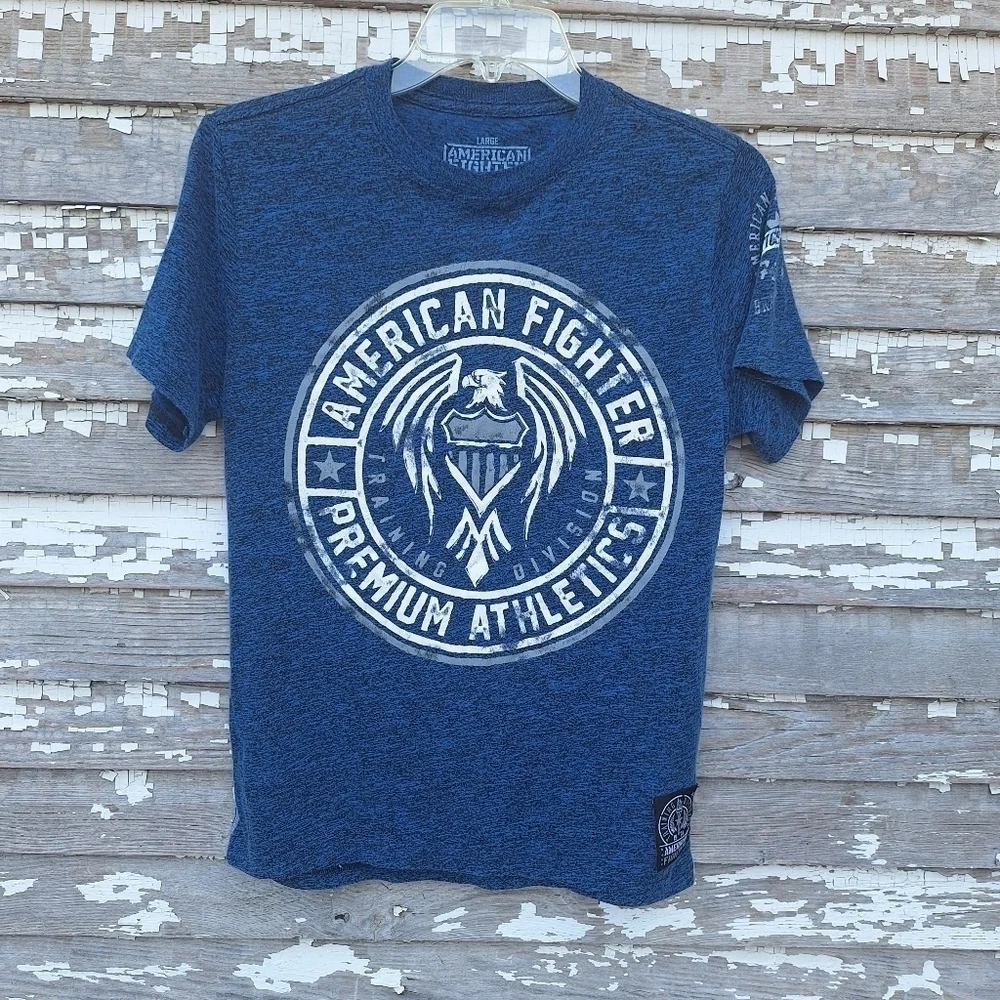 🌟 American Fighter Blue Short Sleeve Tee with Bold Logo Size Large
